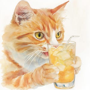 Puede incluir: Una pintura de acuarela de un gato atigrado naranja bebiendo de un vaso de té helado con una pajita. El gato está mirando el vaso con una expresión curiosa.