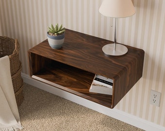 Solid Wood Floating Open Nightstand - Bedside Storage Table - Handmade Walnut or White Oak. Made in the USA