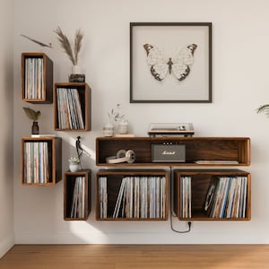 Solid Wood Floating Vinyl Record Wall Storage - Minimalistic design - Handmade in Solid Walnut or White Oak Woods. Made in the USA.
