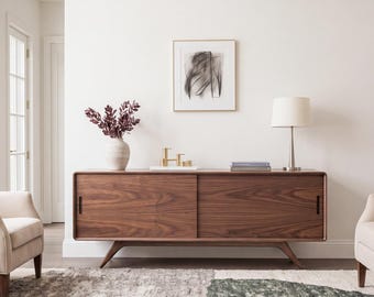 Mid-Century Modern Credenza sideboard w/ sliding doors - Console Storage - Handmade with Solid Walnut or White Oak wood. Made in the USA.