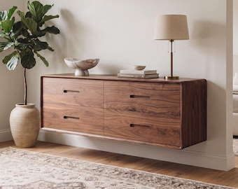 Mid-Century Modern Solid Walnut Floating Dresser – Four Large Drawers - Made in USA