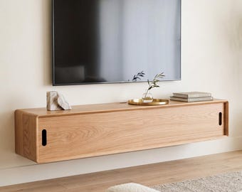 Low Profile Floating Media Console - Modern TV stand - Handmade in solid White Oak. Made in the USA