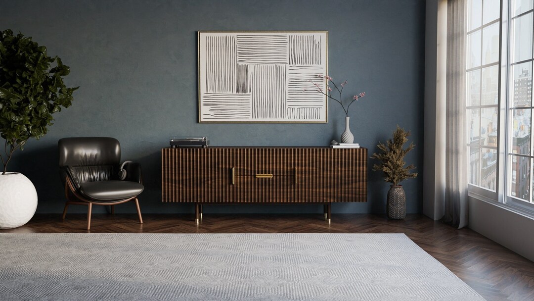 Solid Wood Fluted Media Console Media Storage Walnut, White Oak