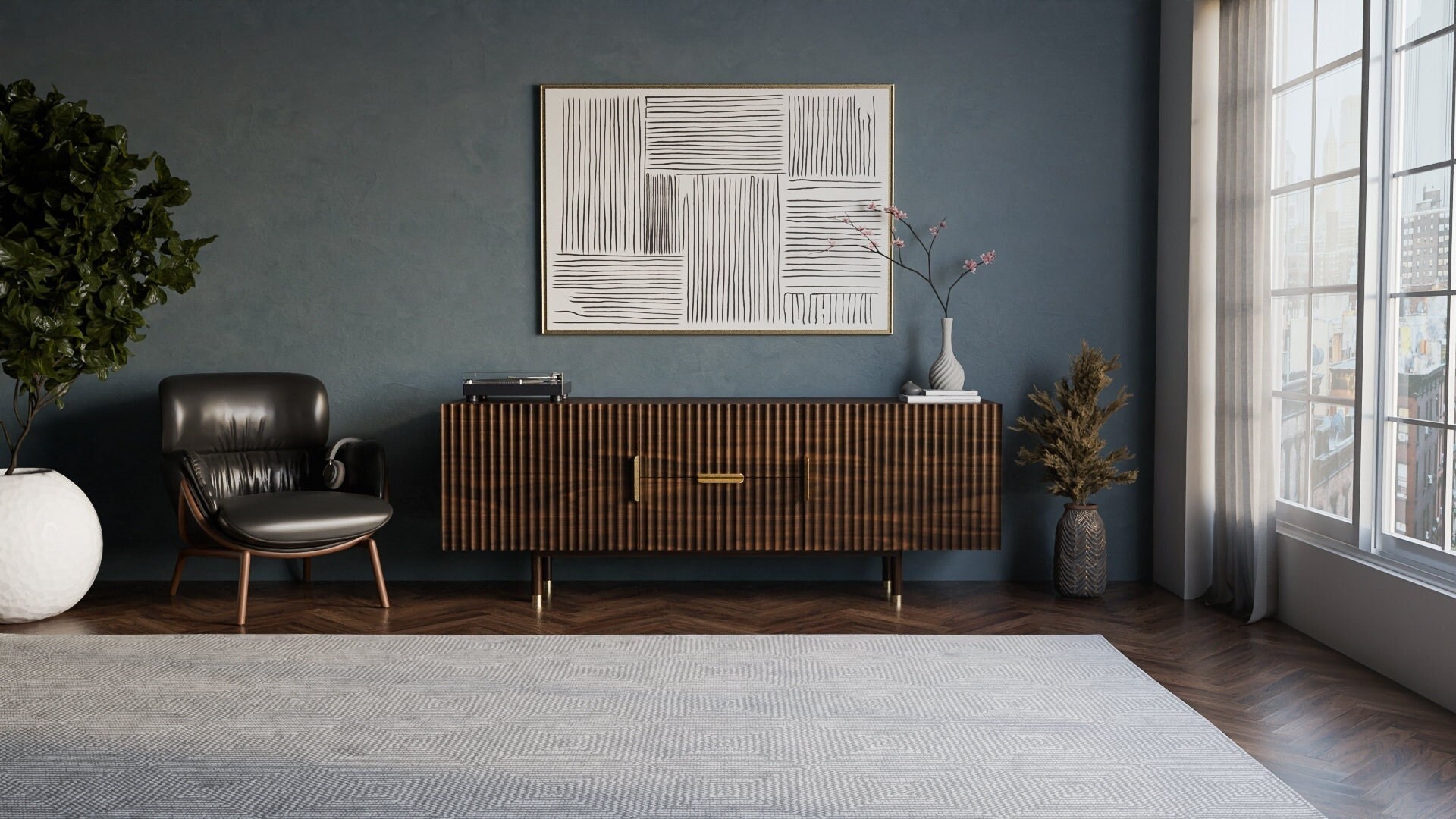 Solid Wood Fluted Media Console Media Storage Walnut, White Oak