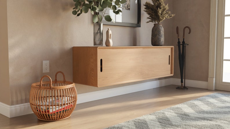 Mid-Century Modern Floating Shoe Storage Cabinet with sliding doors - Handmade in Solid Walnut or White Oak hardwood. Made in the USA. bild 5