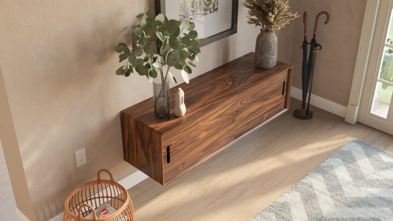 Mid-Century Modern Floating Shoe Storage Cabinet with sliding doors - Handmade in Solid Walnut or White Oak hardwood. Made in the USA. bild 1