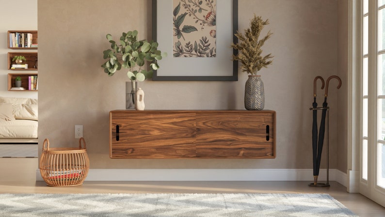 Mid-Century Modern Floating Shoe Storage Cabinet with sliding doors - Handmade in Solid Walnut or White Oak hardwood. Made in the USA. bild 2