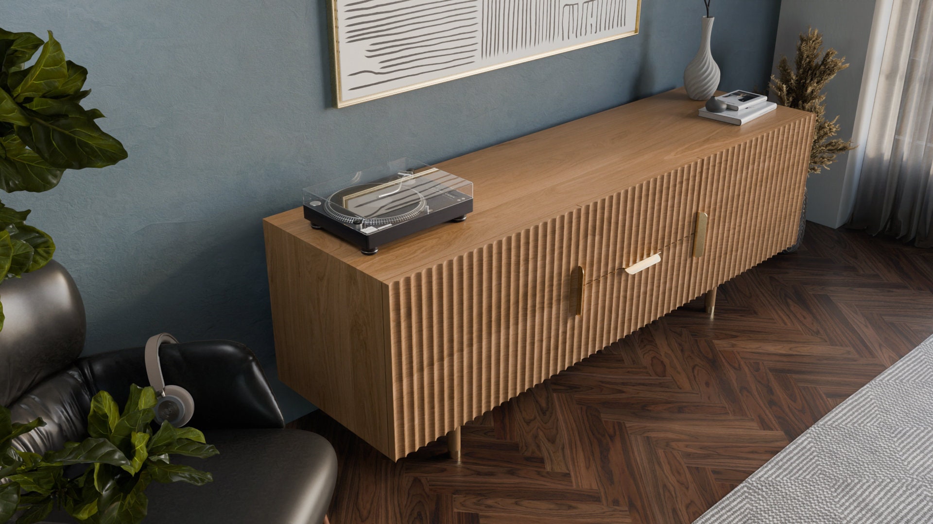 Solid Wood Fluted Media Console Media Storage Walnut, White Oak