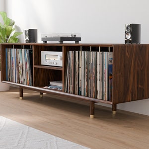 Mid-Century Modern XL Vinyl Record Storage Console - Ultimate Record Enthusiast Media Center - Handmade from Walnut or White Oak Hardwood.