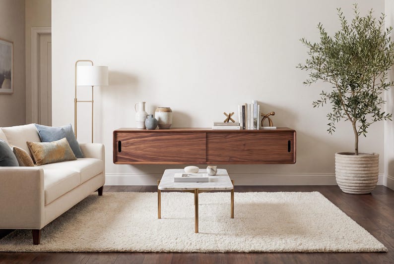 Low Profile Floating Media Console - Modern TV stand - Handmade in solid Walnut. Made in the USA Bild 5