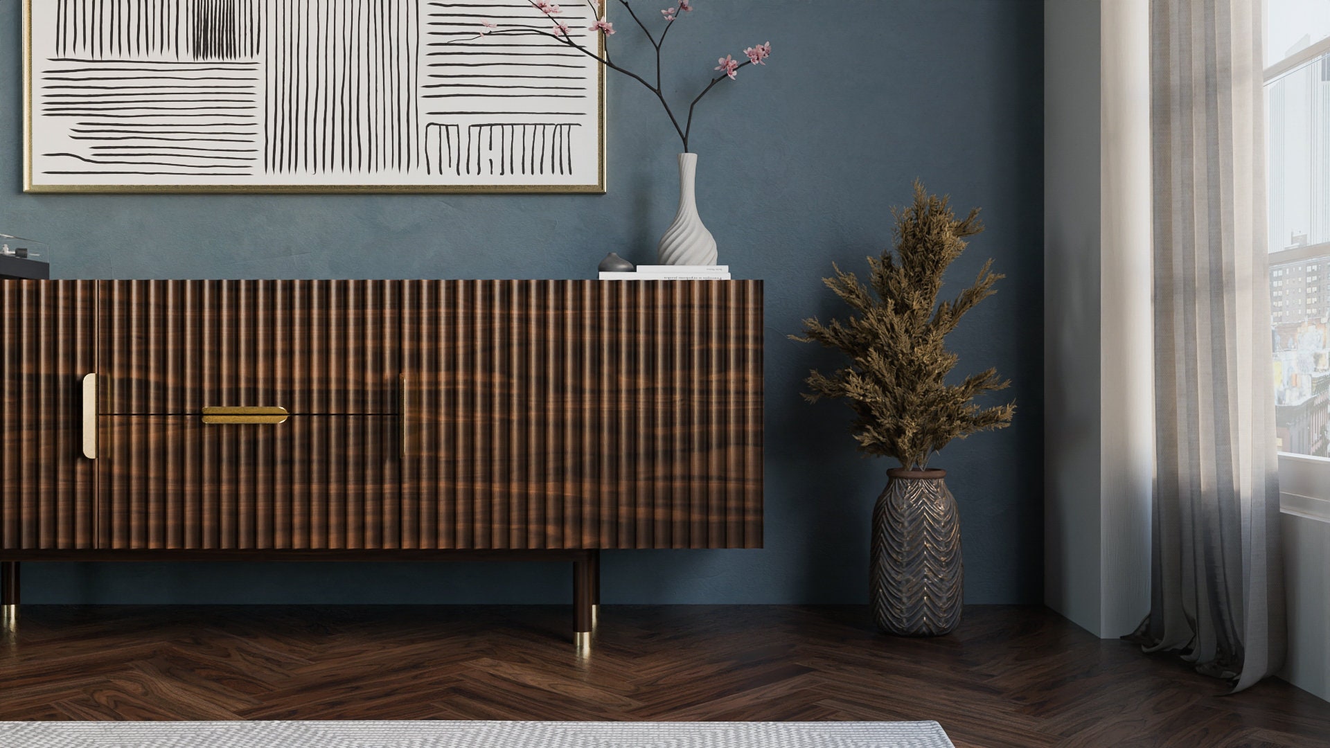 Solid Wood Fluted Media Console Media Storage Walnut, White Oak