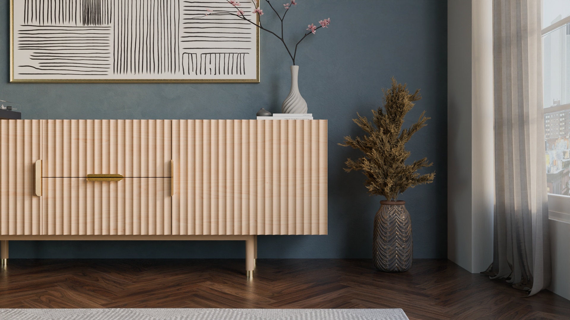 Solid Wood Fluted Media Console Media Storage Walnut, White Oak