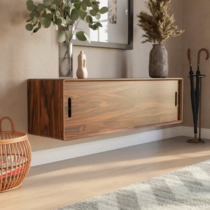Mid-Century Modern Floating Shoe Storage Cabinet with sliding doors - Handmade in Solid Walnut or White Oak hardwood. Made in the USA. bild 4