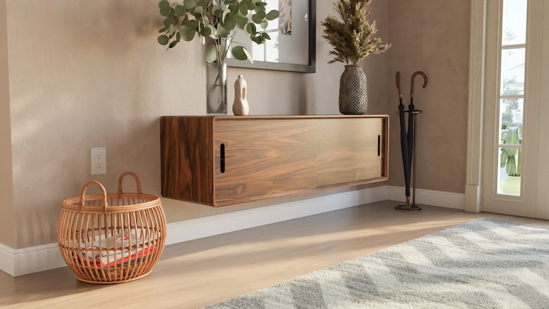 Mid-Century Modern Floating Shoe Storage Cabinet with sliding doors - Handmade in Solid Walnut or White Oak hardwood. Made in the USA. bild 4