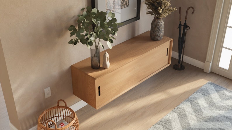 Mid-Century Modern Floating Shoe Storage Cabinet with sliding doors - Handmade in Solid Walnut or White Oak hardwood. Made in the USA. bild 6