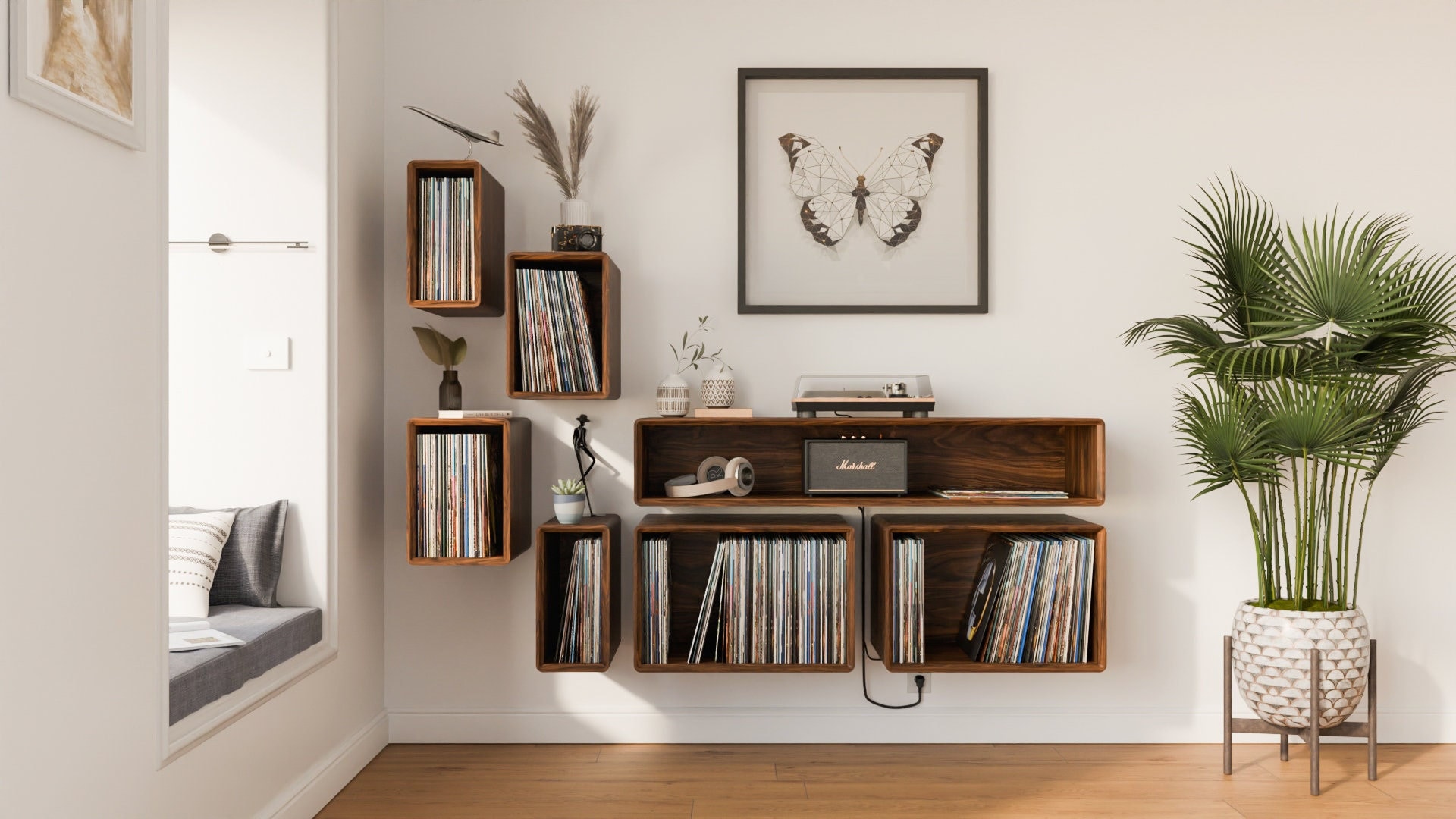 Solid Wood Floating Vinyl Record Wall Storage - Minimalistic design - Handmade in Solid Walnut or White Oak Woods. Made in the USA.