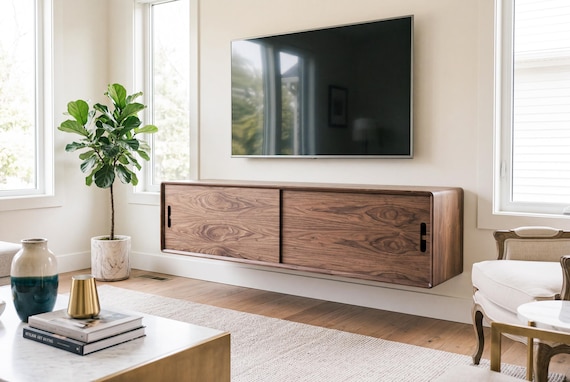 XL Floating Media Console with Sliding Doors - Mid-Century Modern TV Stand/Table - Handmade from Solid Walnut or White Oak in USA.