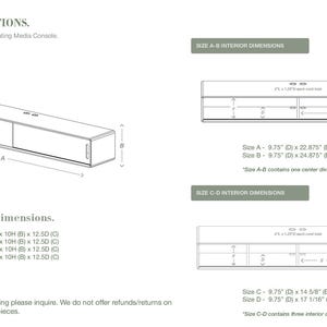K&ouml;nnte beinhalten: Ein technisches Diagramm einer flachen, schwebenden Medienkonsole mit Beschriftungen f&uuml;r die Ma&szlig;e A, B, C, D, E und F. Der Text enth&auml;lt HONEST SPECIFICATIONS, Console Dimensions und spezifische Ma&szlig;e in Zoll f&uuml;r vier Gr&ouml;&szlig;en von 48 bis 72 Zoll.