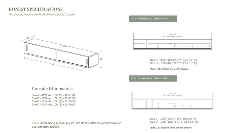 K&ouml;nnte beinhalten: Ein technisches Diagramm einer flachen, schwebenden Medienkonsole mit Beschriftungen f&uuml;r die Ma&szlig;e A, B, C, D, E und F. Der Text enth&auml;lt HONEST SPECIFICATIONS, Console Dimensions und spezifische Ma&szlig;e in Zoll f&uuml;r vier Gr&ouml;&szlig;en von 48 bis 72 Zoll.