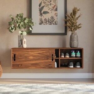 Mid-Century Modern Floating Shoe Storage Cabinet with sliding doors - Handmade in Solid Walnut or White Oak hardwood. Made in the USA. bild 3