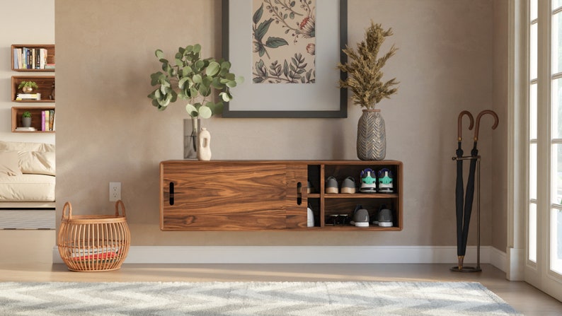 Mid-Century Modern Floating Shoe Storage Cabinet with sliding doors - Handmade in Solid Walnut or White Oak hardwood. Made in the USA. bild 3