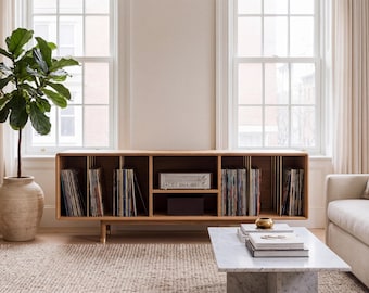 XL Record Player Stand with Vinyl Storage, Mid Century Modern Solid Wood Record Cabinet, Turntable Console in White Oak.