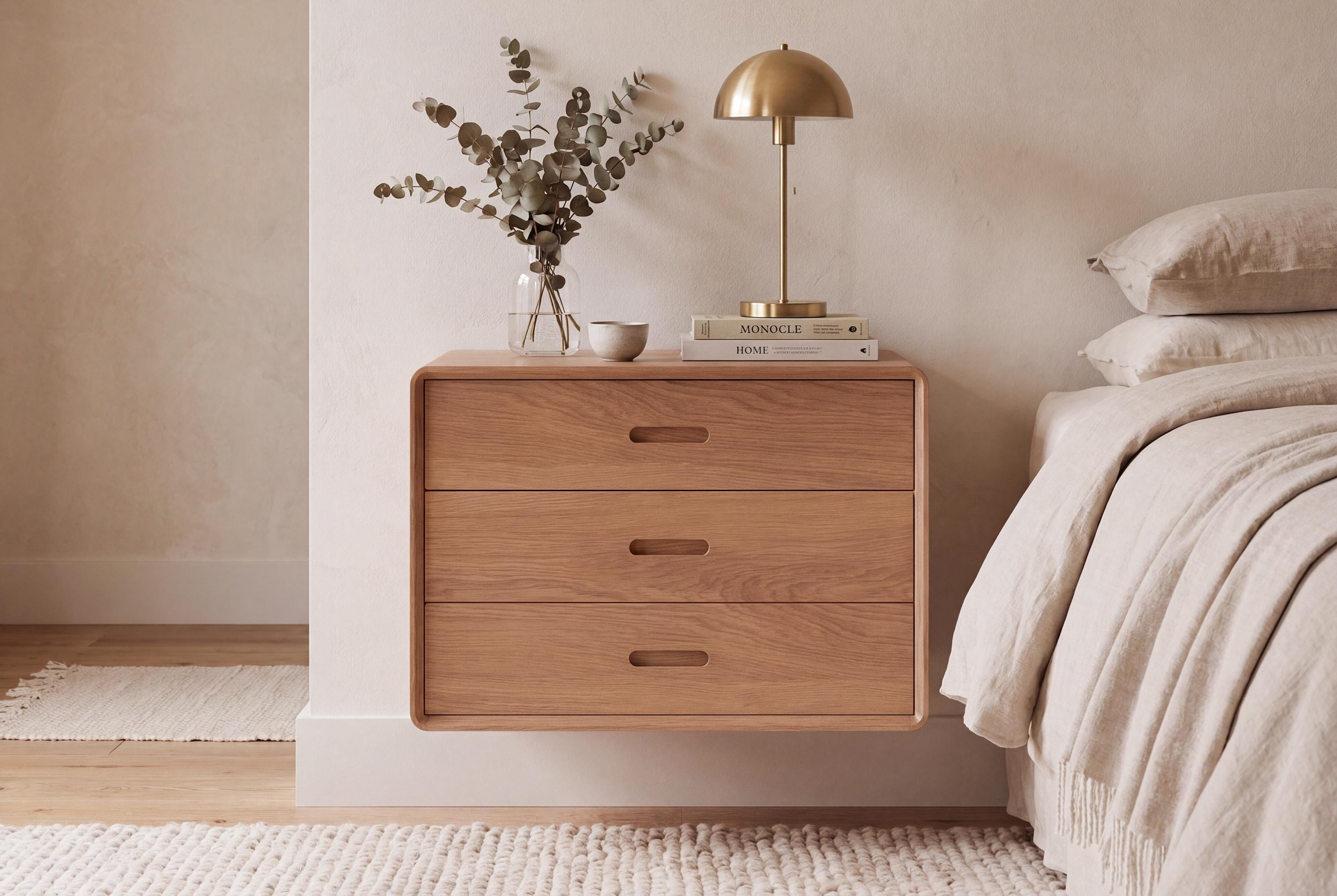 Floating Nightstand With Three Drawers, Wall Mounted Solid Wood Bedside ...