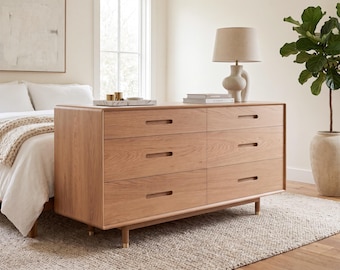 Solid Wood Mid-Century Modern Six Drawer Dresser - Handmade in White Oak - Made in USA