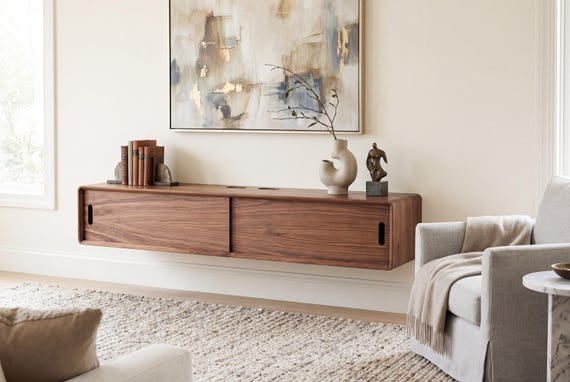 Low Profile Floating Media Console - Modern TV stand - Handmade in solid Walnut. Made in the USA