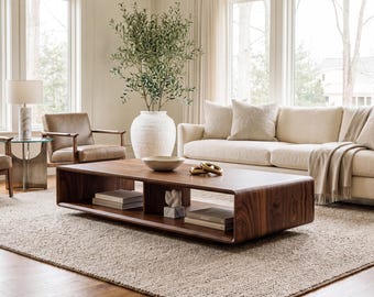 Solid Wood Rounded Mid-Century Coffee Table with Storage - Handmade in Walnut Wood. Made in the USA.