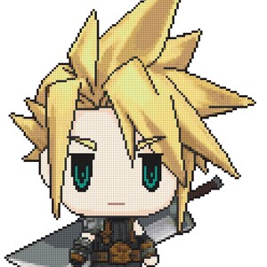 May include: A pixel art illustration of a cartoon character with spiky blond hair, wearing a black and brown outfit, holding a sword. The character has large green eyes and a serious expression.