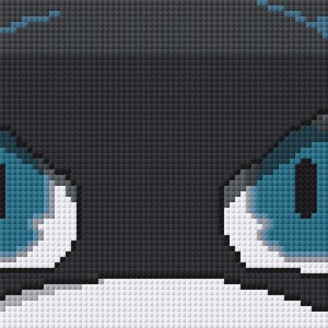May include: Close-up of a black and white pixelated image of a cat's face with blue eyes. The cat's eyes are wide open and staring directly at the viewer.