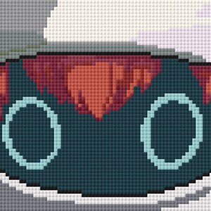 Peut inclure: Illustration pixelisée d'un robot portant un casque blanc avec une perruque rouge et orange. Le robot a deux grands yeux bleus ronds.