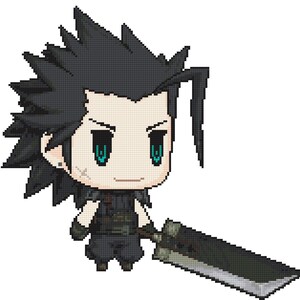 May include: A pixelated illustration of a character from a video game. The character has spiky black hair, a white face, and blue eyes. The character is holding a large, black sword.