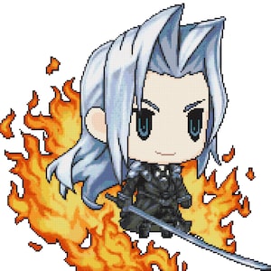 May include: Pixel art illustration of a character with long, silver hair and blue eyes, clad in black armor, holding a long sword. The character is surrounded by orange and yellow flames, creating a dynamic and action-oriented image.