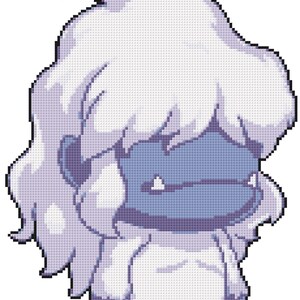 Puede incluir: Una ilustración de arte de píxeles de un personaje azul y blanco con una expresión gruñona. El personaje tiene el pelo largo y blanco y lleva una camisa blanca.
