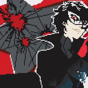 May include: A pixel art illustration of a character from the video game Persona 5. The character is wearing a black mask and a black and red outfit. The background is red and black with a broken window.