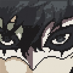 May include: A close-up of a person's face with black hair and a mask. The person's eyes are visible and have a serious expression.