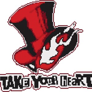 May include: A red and black pixel art design of a hat with a stylised flame. The text "TAKE YOUR HEART" is below the hat.