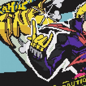 May include: A pixelated illustration of a masked character with blonde hair wearing a purple and red costume. The character is holding a hand up in the air with the middle finger extended. The background is a blue and yellow pixelated design with the text "FREAKIN' OUT" in yellow.