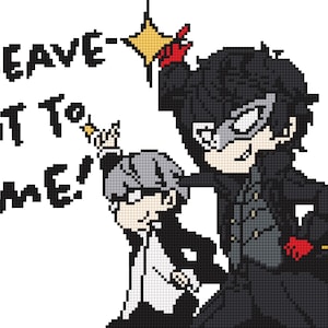 May include: A black and white pixel art illustration of two characters. The character on the left is holding a small, yellow star. The character on the right is wearing a black mask and has black hair. The text "LEAVE IT TO ME!" is written in black letters above the characters.