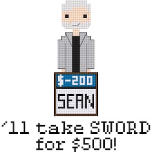 Könnte beinhalten: Eine pixelartige Comicfigur in einem grauen Anzug und mit weißem Bart steht hinter einem blauen und weißen Schild mit der Aufschrift "200 €" und "SEAN". Der Text unter dem Bild lautet "Ich nehme SCHWÄRTZER für 500 €!"