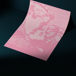 May include: Pink notepad with a faded illustration of a person's face. The lined paper has a curved shape, with the illustration and lines in a darker shade of pink. The background is dark blue.