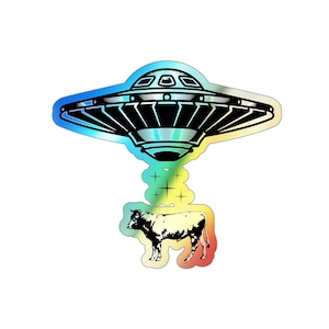 Large Holographic Sticker, UFO Alien Water Bottle Cow Abduction Sticker for Hydroflask Laptop or Skateboard