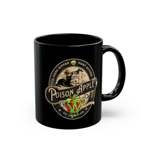 Vintage label for fake poison apple company, oval graphics say hand dipped fast acting so tempting poison apple, Snow white Poison Apple Halloween Coffee Mug, Vintage Looking Fairy Tale Poison Apple Mug, Evil Queen red apple green poison, black cat