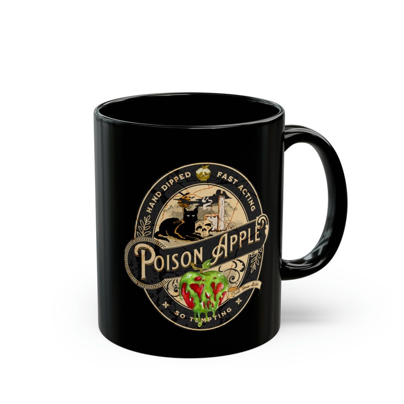 Vintage label for fake poison apple company, oval graphics say hand dipped fast acting so tempting poison apple, Snow white Poison Apple Halloween Coffee Mug, Vintage Looking Fairy Tale Poison Apple Mug, Evil Queen red apple green poison, black cat