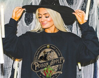 Poison Apple Halloween Sweatshirt, Vintage Witch Fall Autumn Vibes, Evil Queen Villain Shirt, Unique Halloween Stuff, Black Cat Sweatshirt