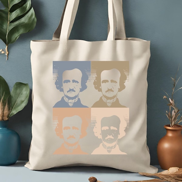 Faces of Poe, Edgar Allan Poe Book Bag -Gift for Poet, Writer. Canvas Book Tote Bag Gift for Him Her