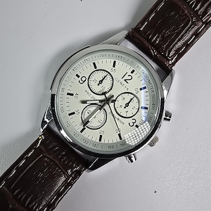 Montre chronographe à quartz Geneva PRC 200 - Bracelet en similicuir marron, cadran 41 mm