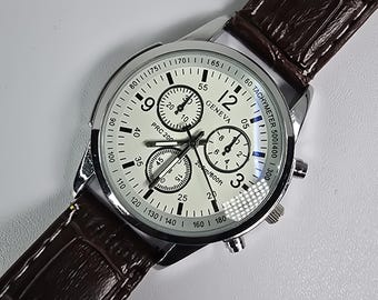 Geneva PRC 200 Quartz Chronograph Watch Brown Faux Leather